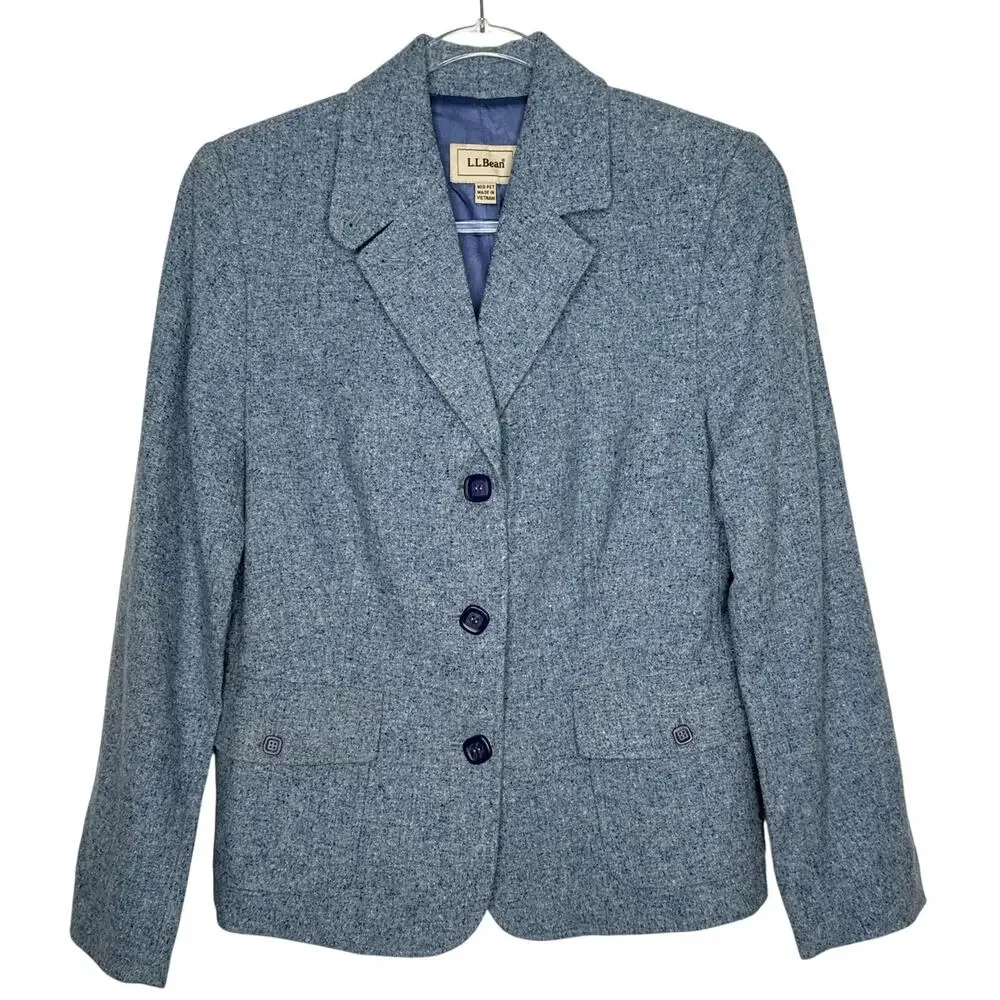 Vintage 1990s L.L. Bean Blue Wool Silk Mix Tweed Blazer medium petite - Picture 2 of 16